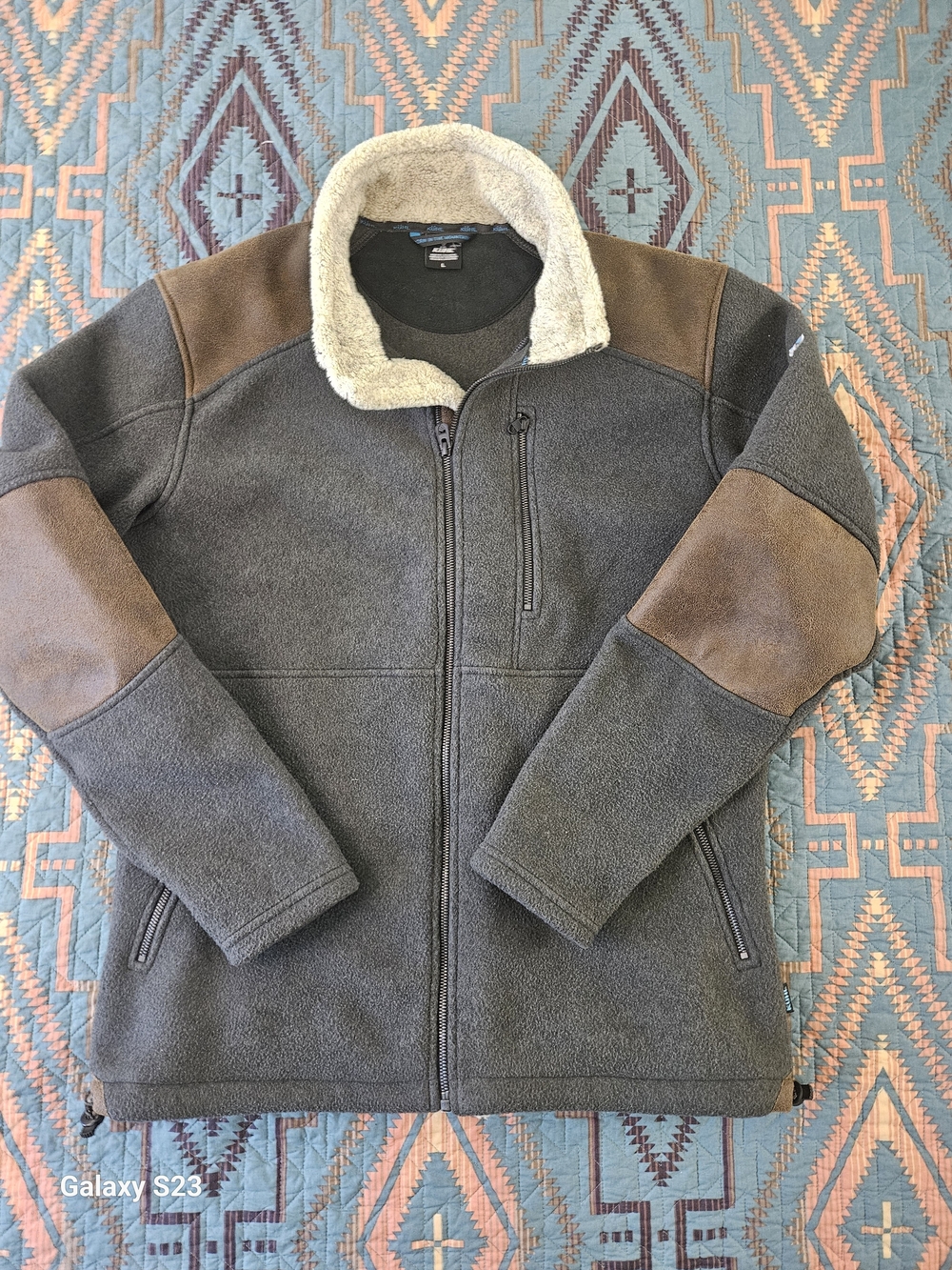 Kuhl Men's Gray Fleece Jacket with Brown Suede Accents